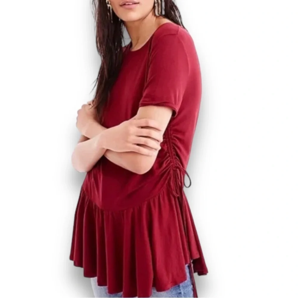 4/$20 J.Crew XS Lyocell Burgundy Tunic Top Side Ruched Drawstring Peplum Hem